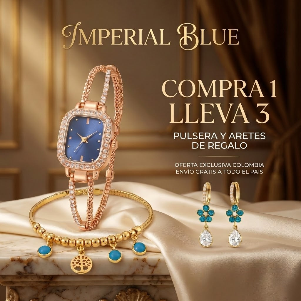 Compra 1 Lleva 3: Reloj Imperial Blue + Pulsera y Aretes de Regalo