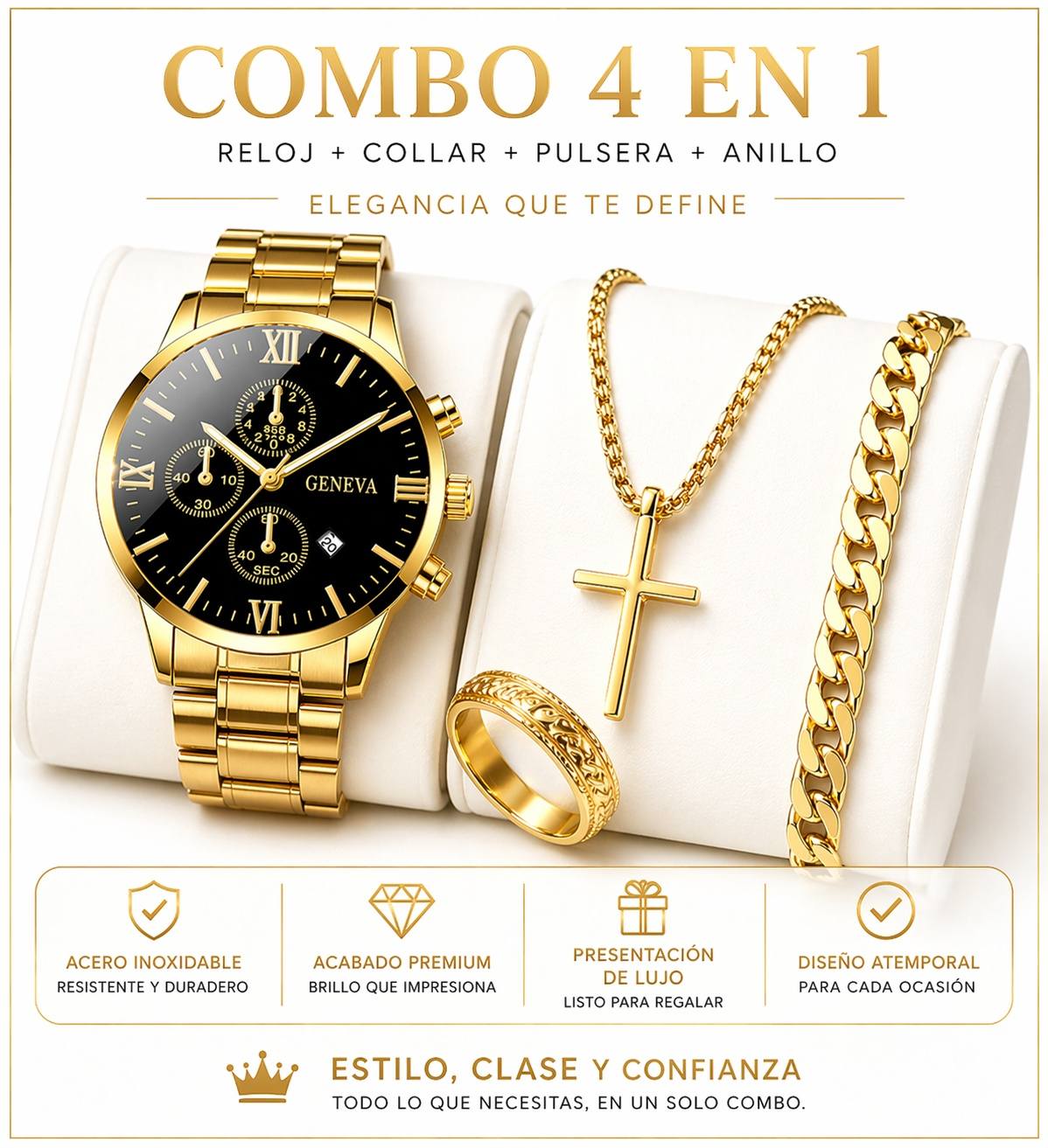 Combo Magnum Gold 4 en 1: Reloj + 3 Accesorios de Regalo