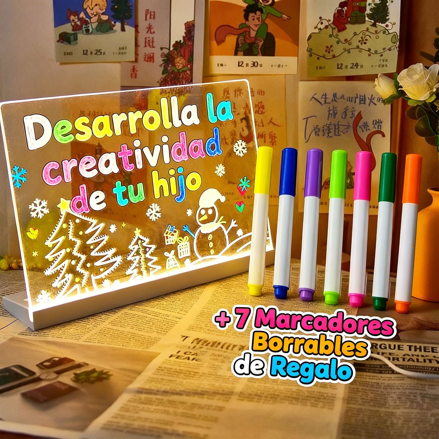 Tablero Mágico Luz Led + 7 Marcadores Borrables de Regalo